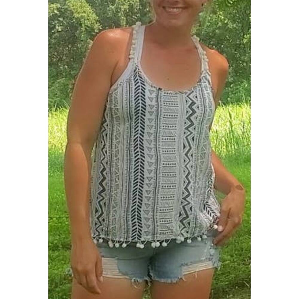Love Riche Aztec pompom cross strap tank blue white small